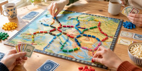 A family mid-game on a train-route map board, with cards and train pieces on a sunny dining table