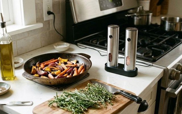 Stainless electric mills on their charging dock, beside the stove