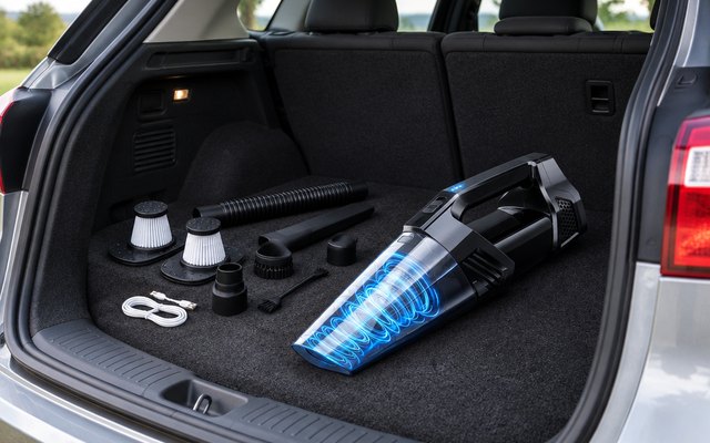 Blestan Cordless Handheld Car Vacuum with LED Light, on the carpeted floor of a car trunk, hatch open