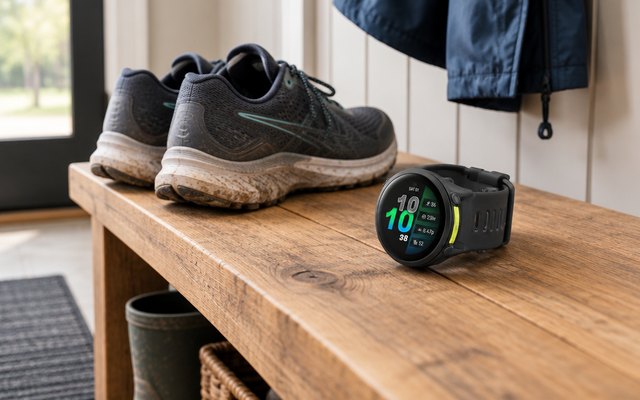 Garmin Forerunner 970 running watch, lying on a wooden bench beside a pair of running shoes in a mudroom