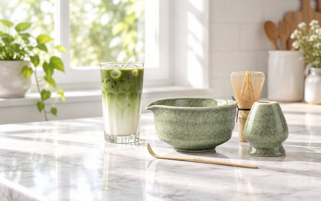 A green spouted matcha bowl, whisk and scoop beside an iced matcha latte on a marble worktop