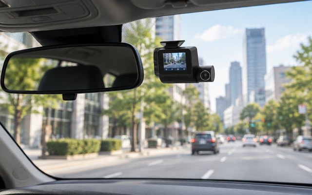 Small dash cam mounted high on the inside of a car's windshield behind the rear-view mirror