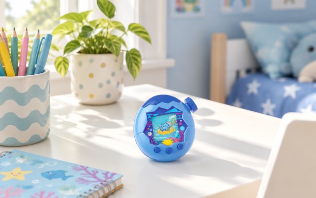 A blue egg-shaped virtual pet with a colour screen standing upright on a sunny white desk