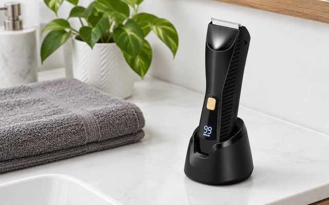PRITECH Body Hair Trimmer with Charging Stand, body hair trimmer standing in its charging stand on a clean white bathroom counter beside a folded towel and a pl