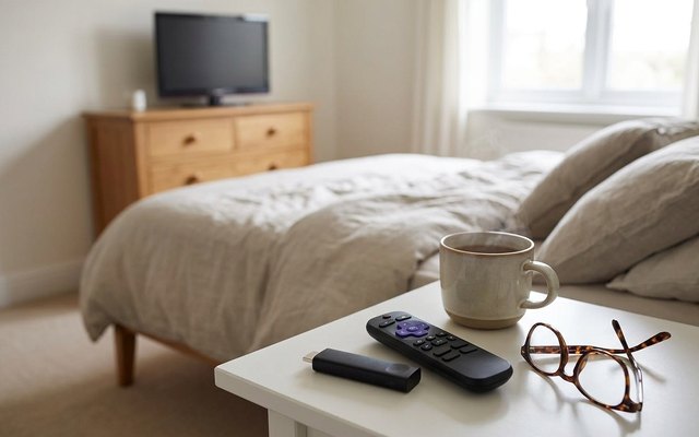 Roku Streaming Stick HD, a small black stick and a simple remote on a bedside table