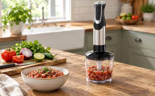 Bonsenkitchen immersion blender, on a farmhouse kitchen table beside a bowl of fresh salsa and chopped vegetables