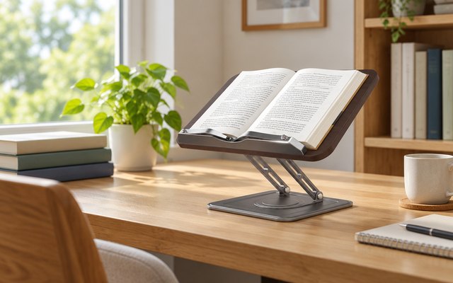 LOXP rotating stand holding a textbook on a desk
