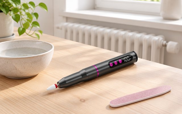 POFIBO cordless nail drill, on a pale wooden kitchen table beside a small manicure bowl and a nail file, a white radiator under the window behind