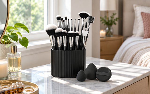 Mlemle makeup brush set, standing in a brush holder on a bedroom vanity beside a sunny window