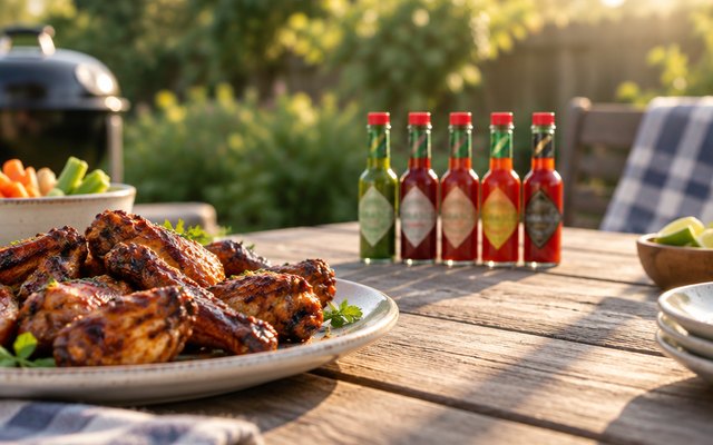 TABASCO variety pack, five bottles beside grilled wings
