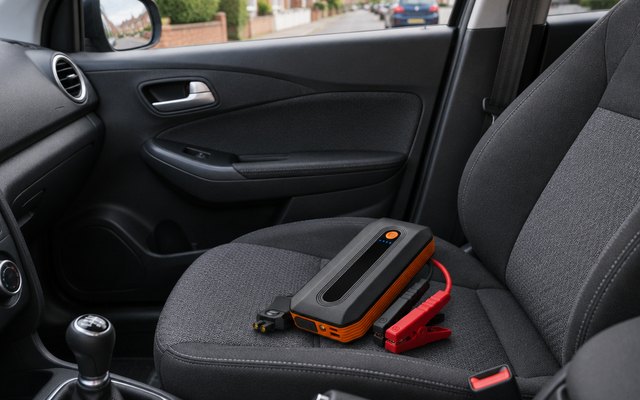 AstroAI B8 jump starter, on the passenger seat of a hatchback on a residential street