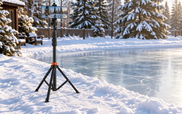 A black phone tripod beside a backyard skating rink