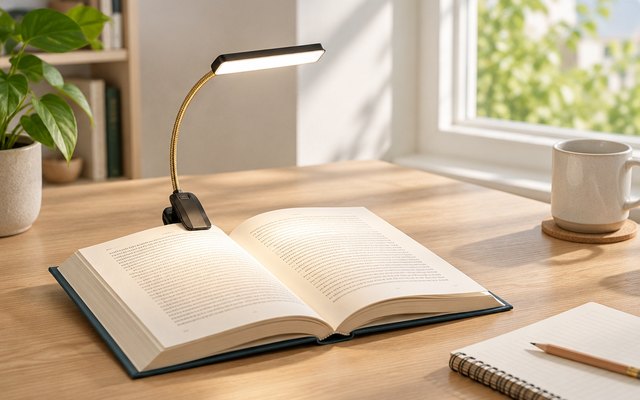 A black wide two-row LED book light on a gold gooseneck clipped to an open book on an oak desk