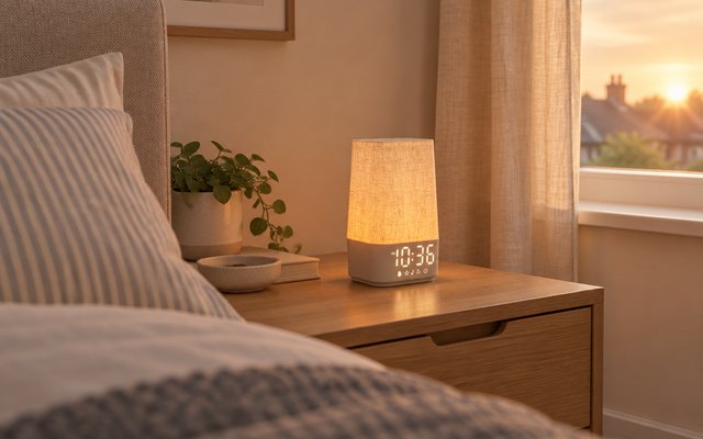 LIORQUE sunrise alarm clock, glowing softly on a bedside table in a bedroom at dawn