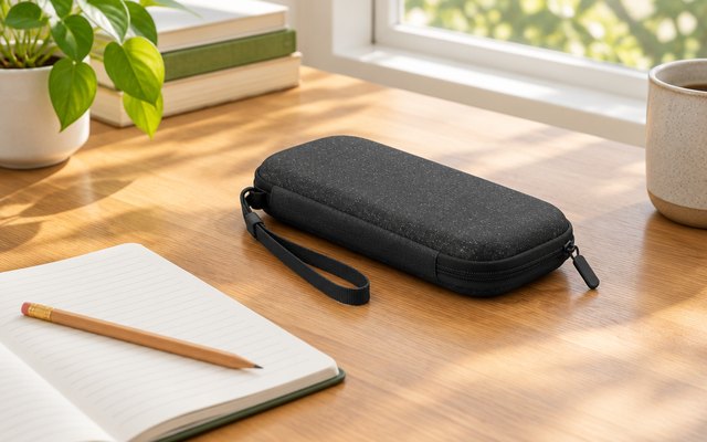 Belkin slim Switch 2 case, on a desk by a window