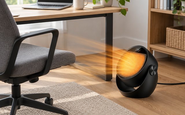 DREO tilting space heater, on the floor beside a home-office desk, aimed at the chair