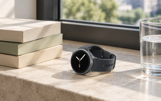 A graphite smartwatch on a stone windowsill beside books