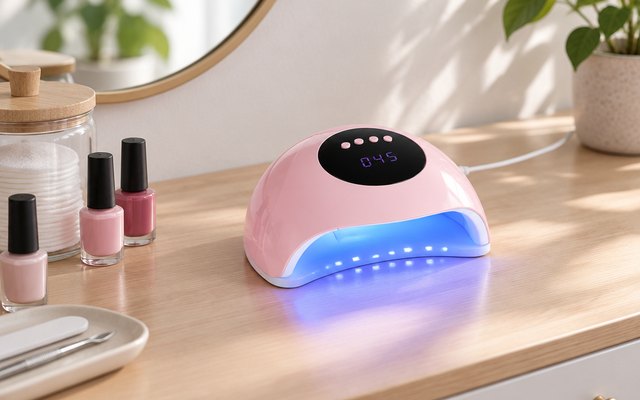 Small pink nail lamp on a dressing table beside a jar of cotton pads and gel polish bottles, soft daylight