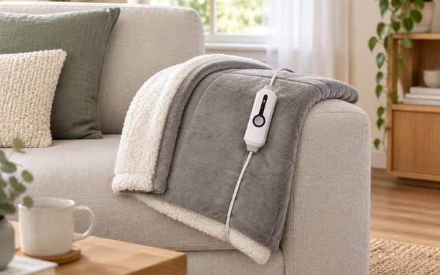 RALYSUN heated blanket, draped over the arm of a sofa in a cozy living room, soft daylight