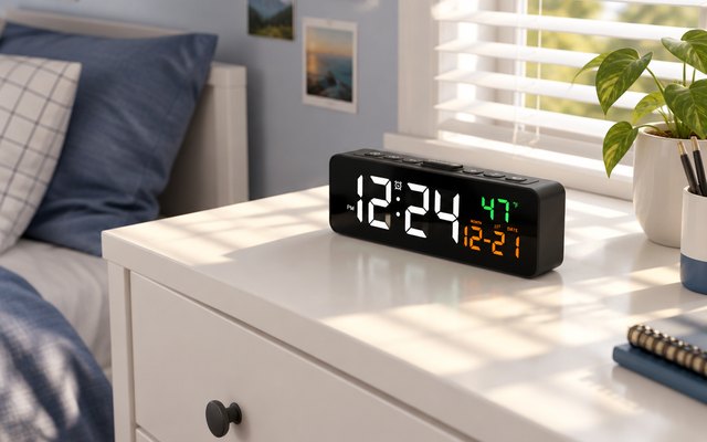 Digital alarm clock with date and temperature, on a white dresser in a tidy teenager's bedroom with morning sun through the blinds, its display lit