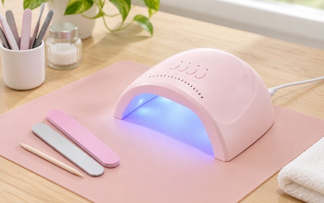 Beetles nail lamp, on a craft table with a silicone manicure mat and nail files