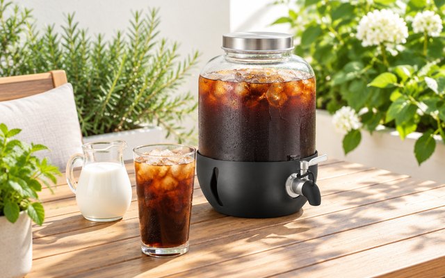 dailybrew 1-gallon cold brew maker, on a sunny patio table with a glass of iced coffee from its spigot