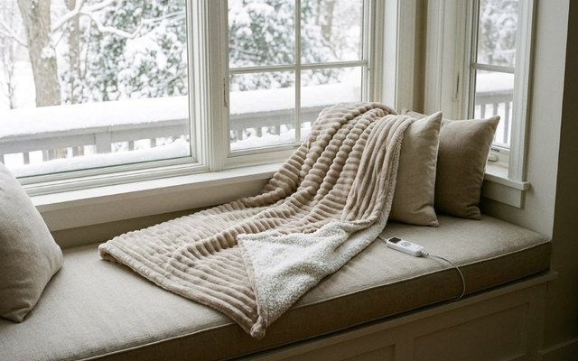 Light beige ribbed heated throw over a window seat cushion with snow outside, its controller on the cushion