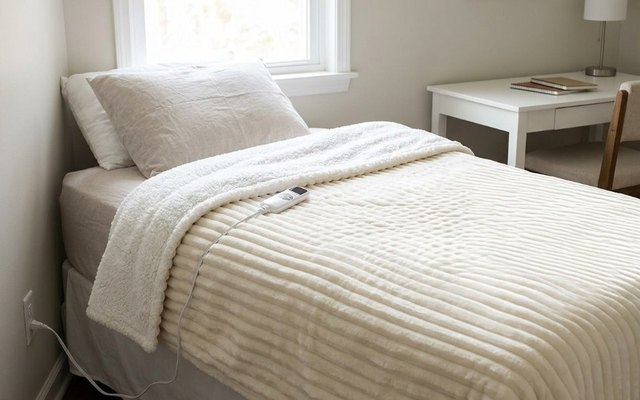 Cream ribbed heated blanket with a sherpa underside folded back on a twin bed, its controller on top