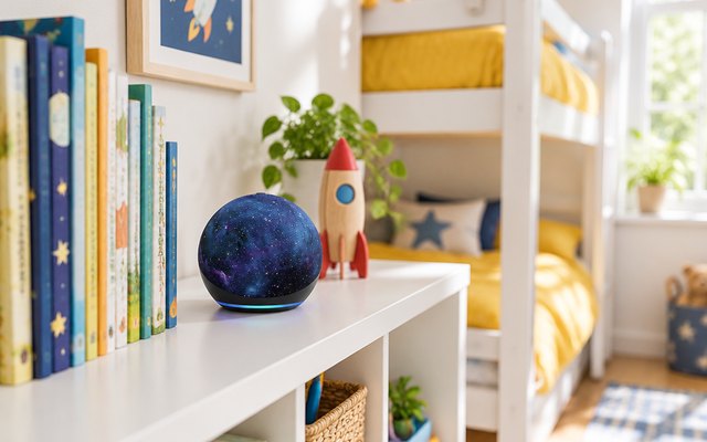 Echo Dot Kids in the Stardust design, on a bookshelf in a bright child's bedroom