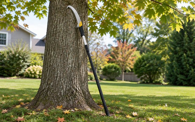 BlumeTrec pole saw, leaning against the trunk of a tall maple tree in a suburban yard