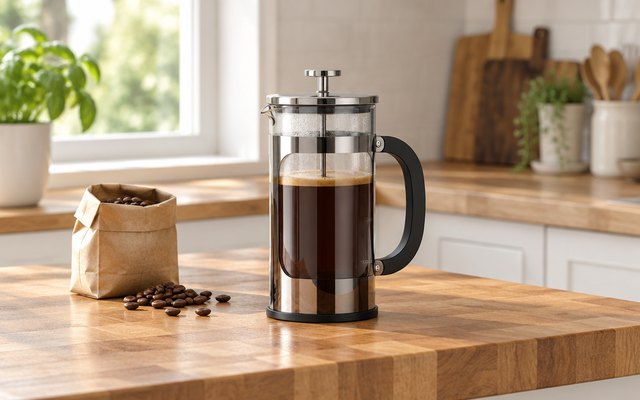 Veken glass French press, on a butcher-block kitchen island beside a small bag of coffee beans