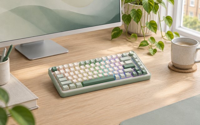 Sage green 75% mechanical keyboard, on a pale oak desk in front of a monitor