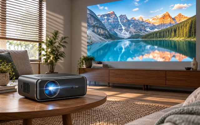WiMiUS P62 Pro Smart Projector, projector on a low coffee table in a living room, a big bright image on the wall, blinds half drawn
