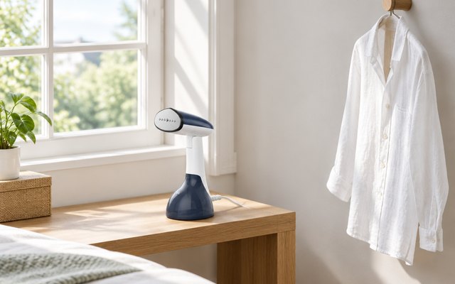 BEAUTURAL handheld steamer, on a bench below a bedroom window beside a white linen shirt hanging on a wall hook