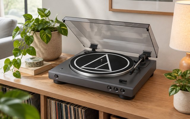 Audio-Technica AT-LPGO-BT Fully Automatic Bluetooth Turntable, on a shelf in a living room with plants and a lamp
