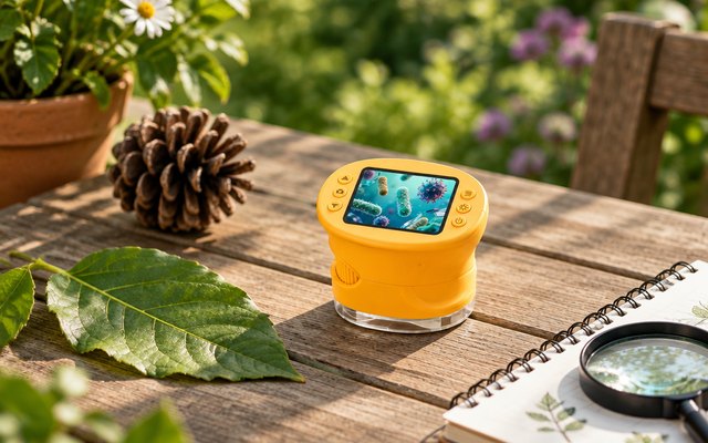 BMDSAE Handheld Digital Microscope for Kids, handheld digital microscope with a small screen resting on a garden table beside a leaf
