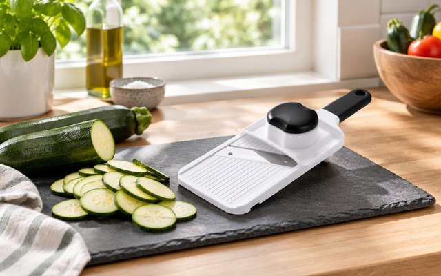 Ibergrif handheld mandoline, on a slate board beside sliced courgettes, a kitchen window behind