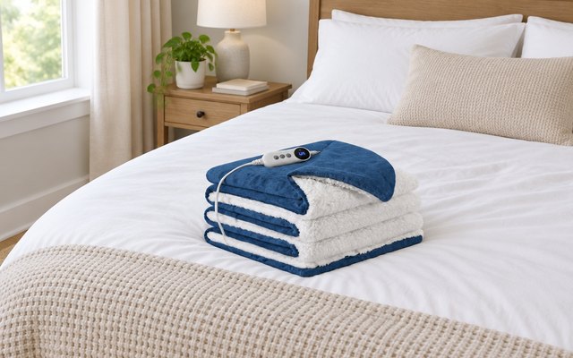 STHYTON heated blanket, folded back at the foot of a full bed with white sheets in a calm bedroom