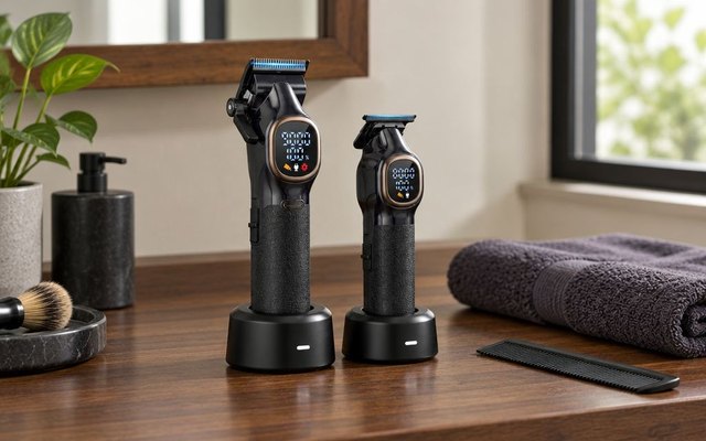 Black clipper and trimmer in charging stands on a dark wooden counter