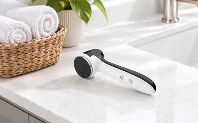 APRELM E7 electric foot file, on a white quartz vanity next to a basket of rolled washcloths