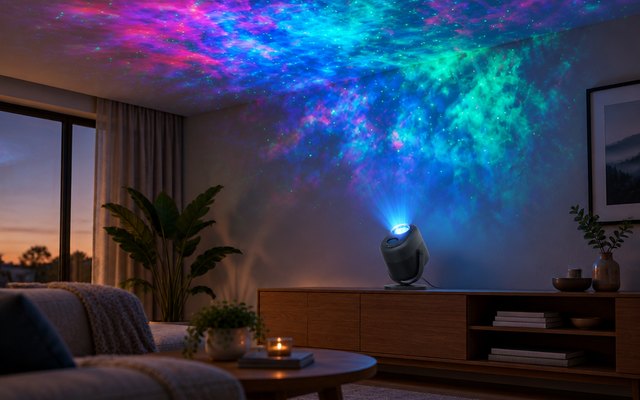 Govee star projector, on a media console in a modern living room, starry light across the ceiling and wall