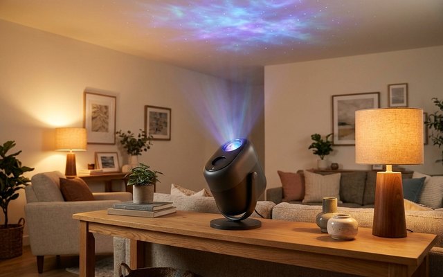 A black star projector on a living room console table between two warm lamps, casting a violet nebula and stars across the ceiling