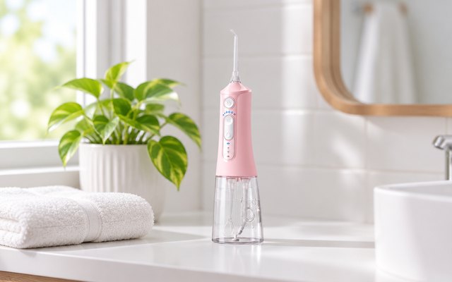 Pink cordless water flosser on a bathroom shelf