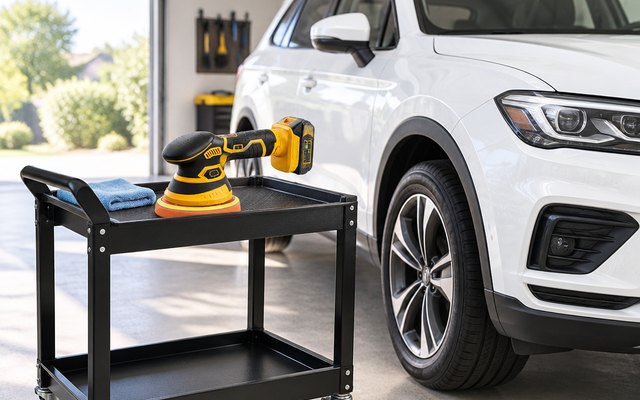 Niusken cordless polisher, on a rolling cart beside a white SUV in a bright garage