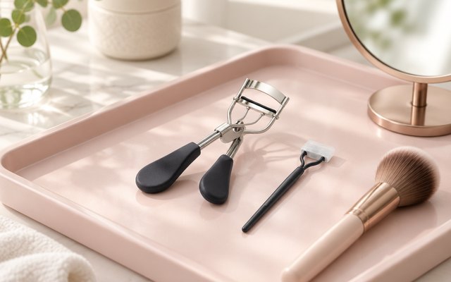 Eyelash curler and lash comb on a pale pink vanity tray