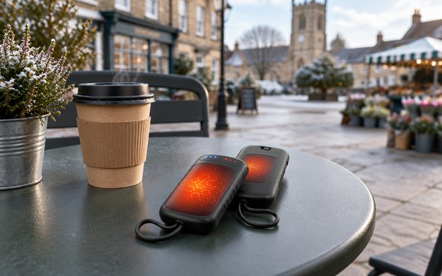 OCOOPA dual-sided hand warmer, on an outdoor café table beside a takeaway cup of coffee in a British market town on a cold morning