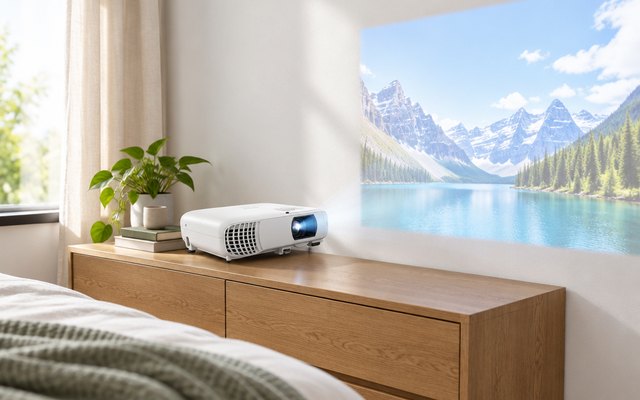 Epson Home Cinema 980 3LCD 1080p Projector, on a shelf facing a white wall in a bedroom, a bright image on it