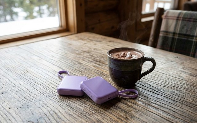 Two slim lilac hand warmers on a ski-lodge table beside a mug of hot chocolate