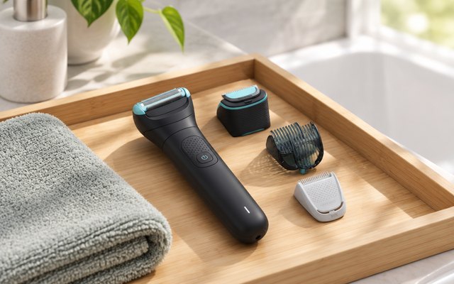 Philips Norelco Body Groomer 5000, body groomer with its attachments laid neatly on a light wooden bathroom tray next to a towel