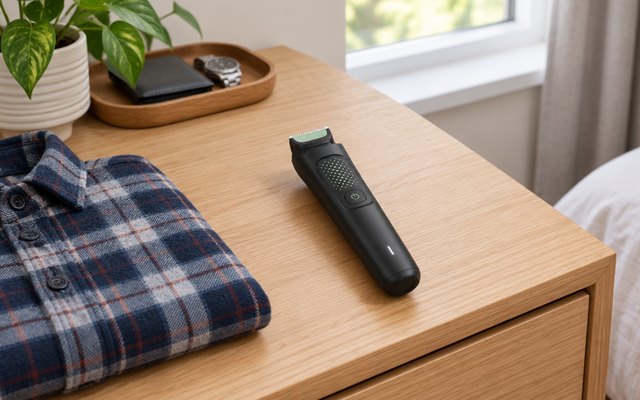 Philips Norelco All-in-One Trimmer 3000, on a light oak bedroom dresser beside a folded flannel shirt